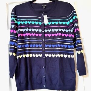 NEW TALBOTS Sweater Multi Hearts Cardigan Size L Navy NEW TAG & PKG